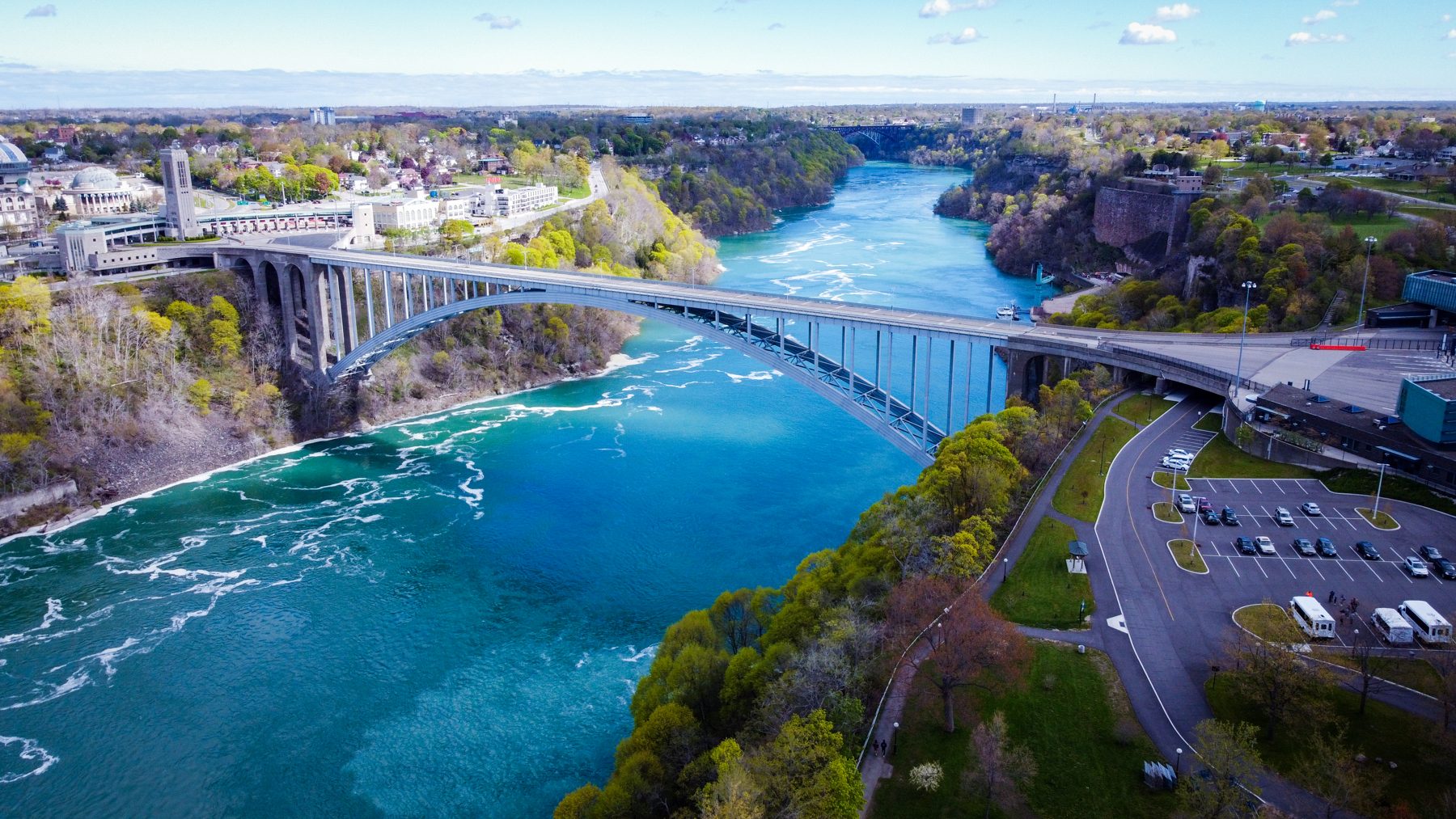 Aerial drone view of a river and bridge